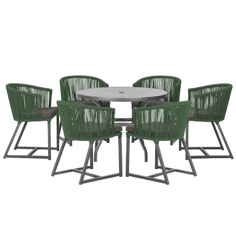 Mesa com 6 Cadeiras de Jantar Roma 120cm e Noronha em Alumínio Preto Corda Náutica Estofado 11 Trama