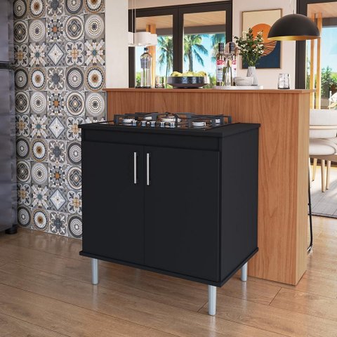 Kit Bancada Ilha para Cozinha + Balcão para Cooktop 0,80m 5 Bocas 2 Portas Turim Preto