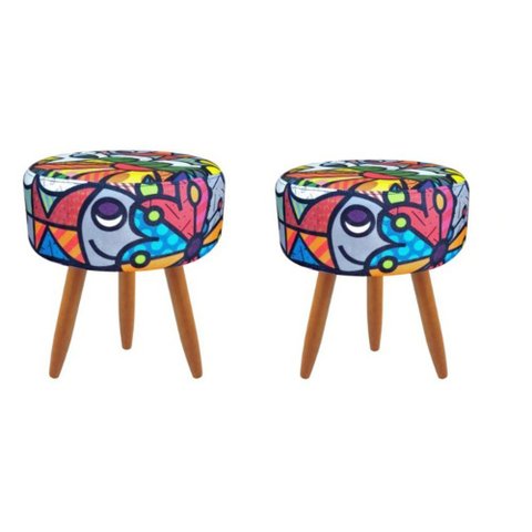 Kit 02 Puffs Redondo Suede Estampado Romero Britto Pés Palito