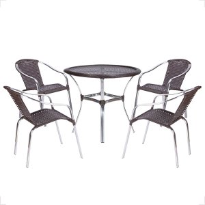 Jogo Mesa Fortaleza Tampo Tramado 85cm e 4 Cadeiras de Area Maresia, Aluminio Polido e Fibra - Tabac