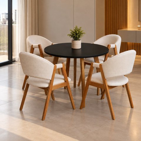 Conjunto Mesa Leda Tampo Redondo 90cm + 4 Cadeiras Lith Modernas & Sofisticadas em Linho Marfim