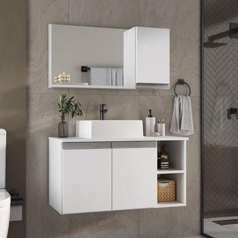 Conjunto Gabinete Banheiro Virtus 80cm - Gabinete + Cuba + Espelheira Branco Inteiro