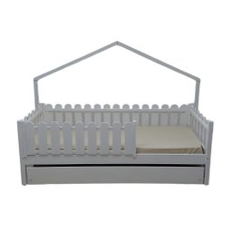 Bicama Solteiro Base Moldura Montessoriana Madeira Maciça Pinus - Branco - Grade Cercadinho Completa - 1