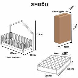 Bicama Solteiro Base Moldura Montessoriana Madeira Maciça Pinus - Branco - Grade Cercadinho Completa - 2