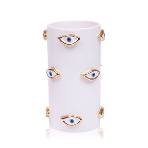 Vaso Eye Gold Cerâmica Branco C/ Olho Azul