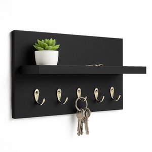 Porta Chaves de Parede Mdf Preto 5 Ganchos Decoração Entrada