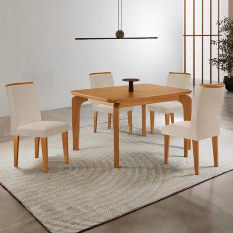 Conjunto Mesa de Jantar 120cm com 4 Cadeiras Estofadas Multimóveis Crrft-CON044 Madeirado/Creme