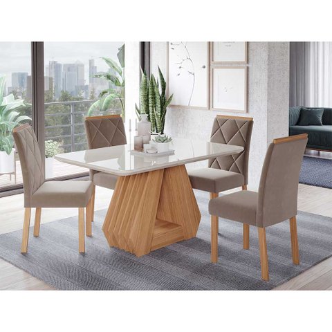 Conjunto Sala de Jantar Mesa Agata 130x80 cm e 4 Cadeiras Fernanda Cimol Nature/Off White/Madeira/