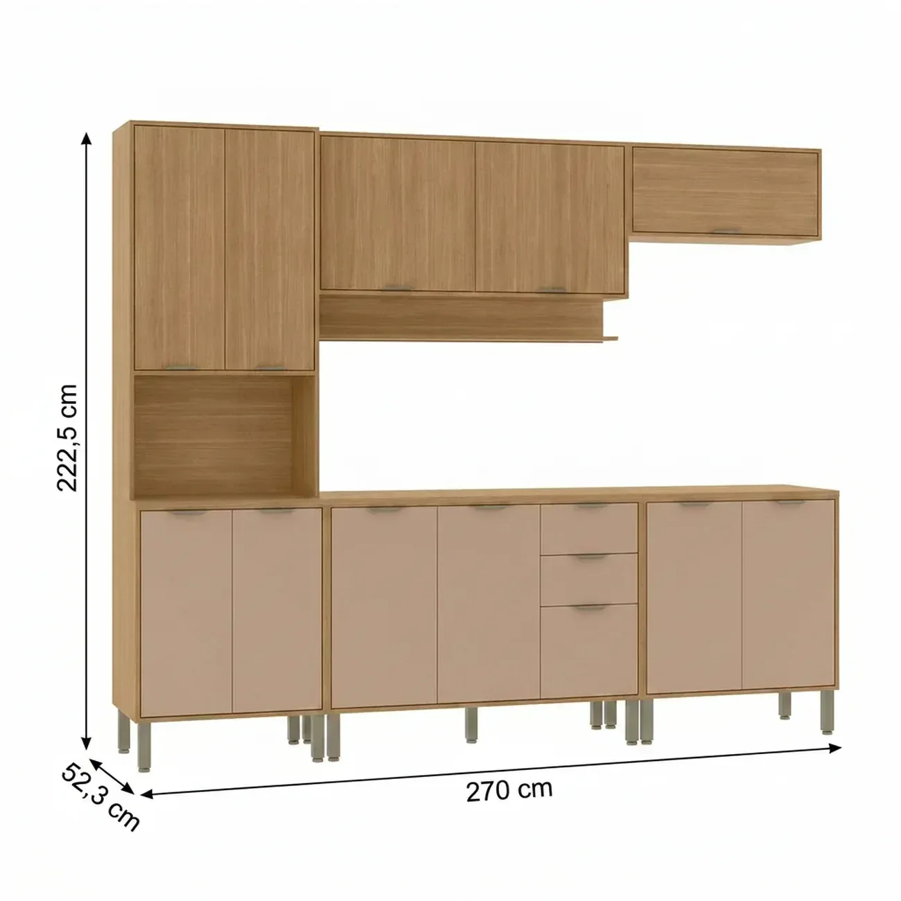 Ver imagem 3 de Cozinha Compacta Modulada 5 Peças 270cm 12 Portas e 2 Gavetas Colors Marrom Freijó/Pinole