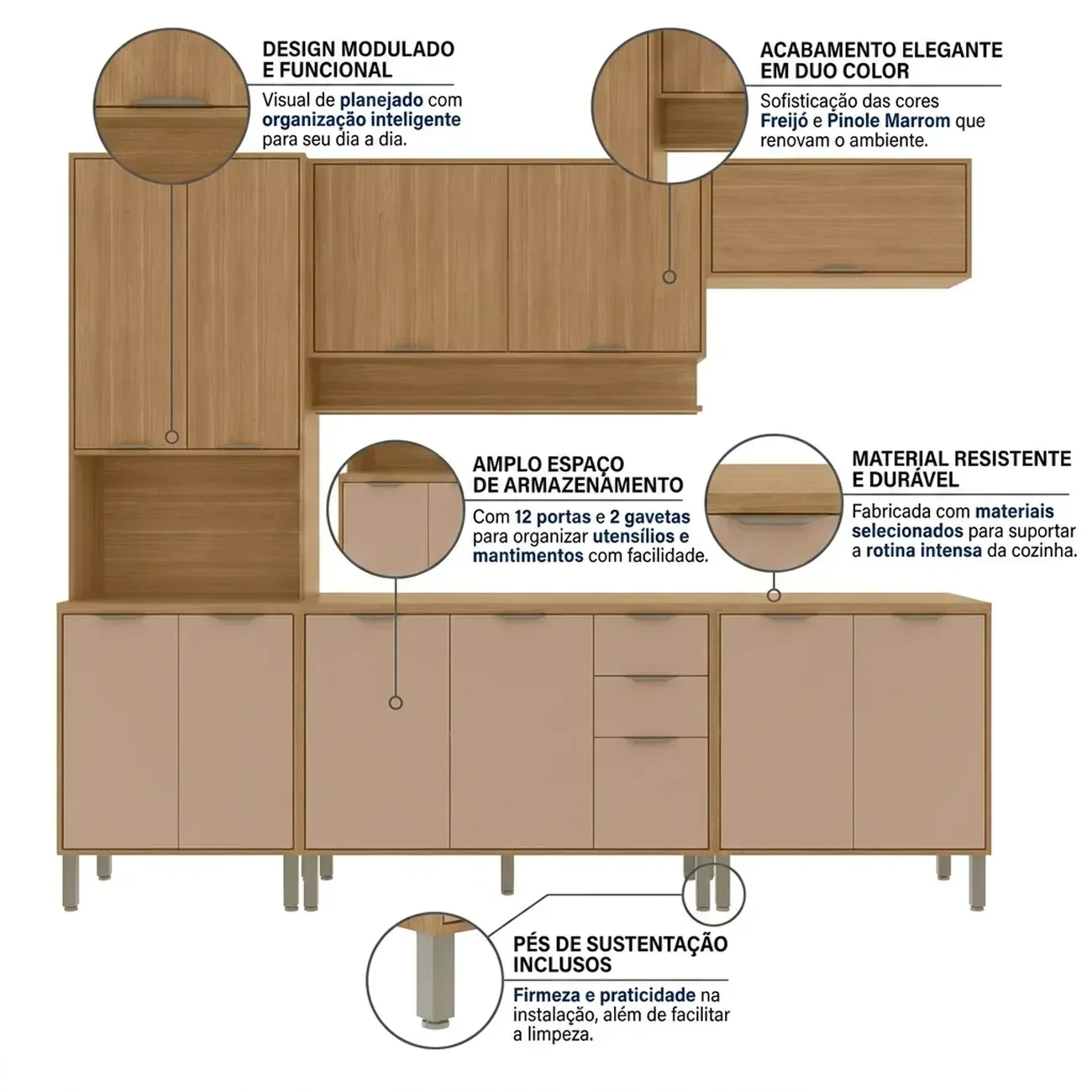 Ver imagem 5 de Cozinha Compacta Modulada 5 Peças 270cm 12 Portas e 2 Gavetas Colors Marrom Freijó/Pinole