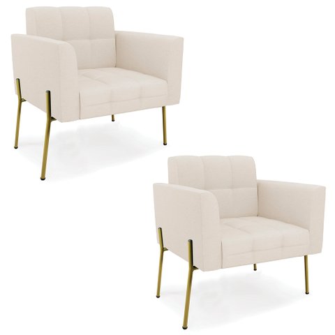 Poltrona para Sala Pé Metal Dourado Kit 2 Ana Linho Bege - Ibiza