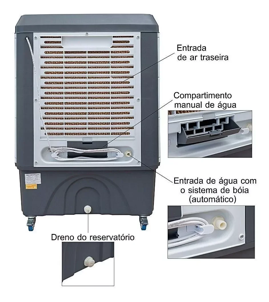 Climatizador Ar Portátil Umidificador Purificador Ventilador Cinza Com Rodinhas 45 Litros 110V / 220 - 5