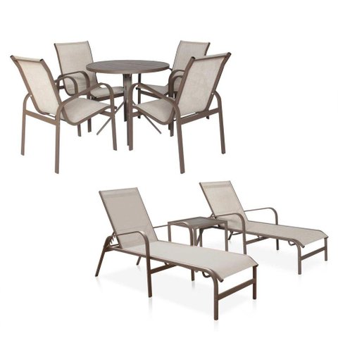 Conjunto 1 Mesa + 4 Cadeiras + 2 Espreguiçadeiras - Marrom com Tela Café com Leite