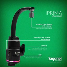 Torneira Eletrônica Zagonel Prima Touch 5500w de Parede ou Bancada Preto - 220v - 2