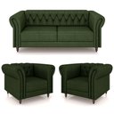 Ver imagem 2 de Conjunto Sala de Estar 1 Sofá Living 220cm e 2 Poltronas Stanford Chesterfield Pés Madeira Couro Ver