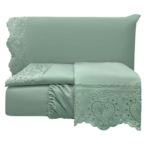 Jogo Cama Lençol Casa Scarpa Detail Queen Bordado Guipir Bordado Inglês Percal 300 Fios 4 Peças