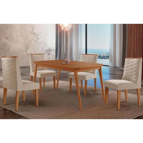 Conjunto: Mesa Sala Jantar Havana Tampo Curvo 120cm+4 Cadeiras Dafne Madeira Naturale - Capuccino/
