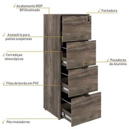 Gaveteiro Arquivo 4 Gavetas para Pastas Suspensas Kuaq40 Kuadra Espresso Móveis - 4