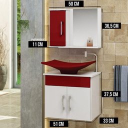 Conjunto Gabinete Banheiro 3 Portas Bali - Vinho - com Cuba Vinho - Vermelho - 3
