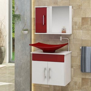 Conjunto Gabinete Banheiro 3 Portas Bali - Vinho - com Cuba Vinho - Vermelho