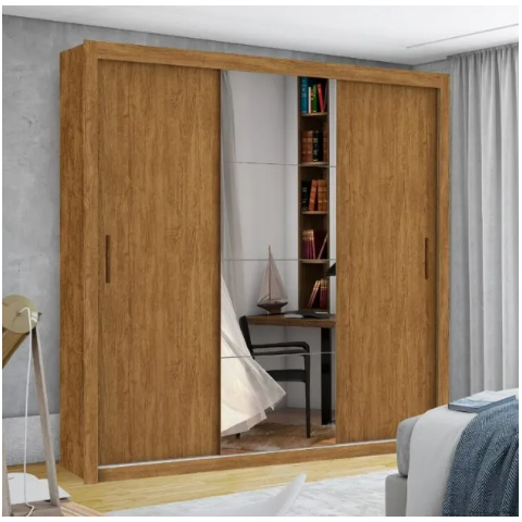 Guarda Roupa Casal com Espellho 3 Portas de Correr 4 Gavetas 186cm Clarice Cinamomo - Carioca Móveis