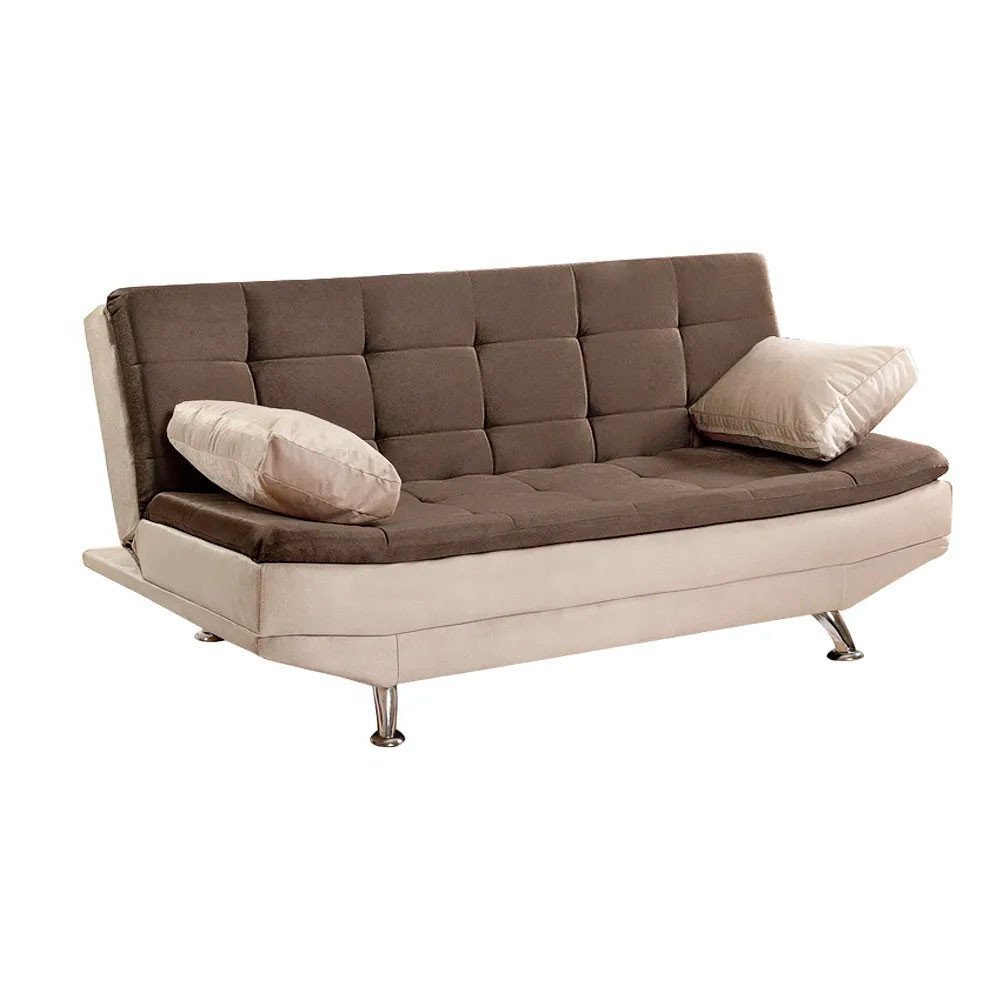 Sofá Cama Valencia 3 Lugares Reclinável Veludo Bege Marfim e Marrom