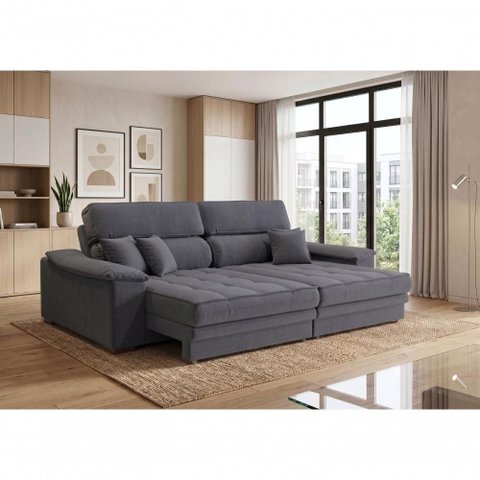 Sofá com Chaise Charlotte 3 Lugares Retrátil e Reclinável 180cm Cinza Linho
