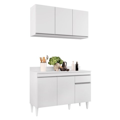 Kit Armário Aéreo e Balcão de Cozinha Lavanderia Lucy com Tampo Branco 120 cm - D’Rossi