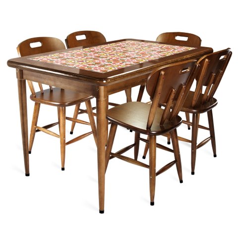 Mesa retangular 5 lugares para cozinha em madeira e 28 azulejos - Frutas