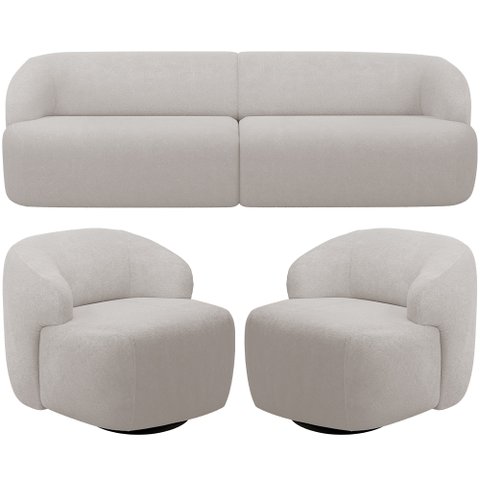 Sofá 3 Lugares Curvo Orgânico com 02 Poltronas para Sala Living 220cm Barolo L06 Bouclê Cinza - Lyam