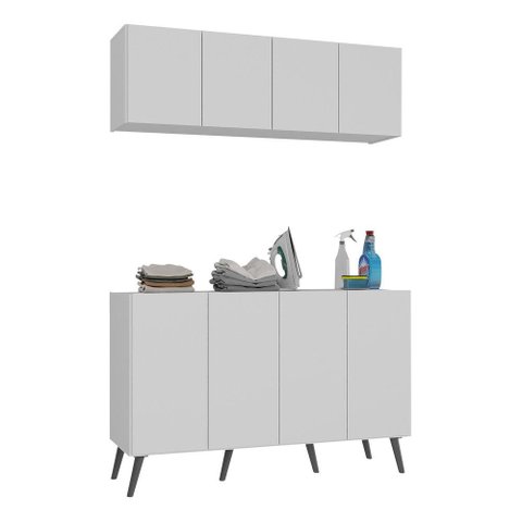 Conjunto Lavanderia Retrô Multiuso Armário Aéreo e Balcão 4 Portas Multimóveis Mp5053 Branco/