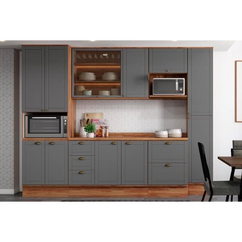 Kit Cozinha Completa 6 Peças Bella (2aéreos+2balcões+2paneleiros) C6p55 Nogal/cinza - Carraro