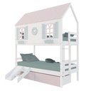 Ver imagem 2 de Beliche Casinha Bela com Coração 2 Gavetas Rosa Kit Escada/Escorregador - Madeira Maciça Branco/