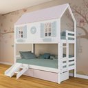 Ver imagem 1 de Beliche Casinha Bela com Coração 2 Gavetas Rosa Kit Escada/Escorregador - Madeira Maciça Branco/