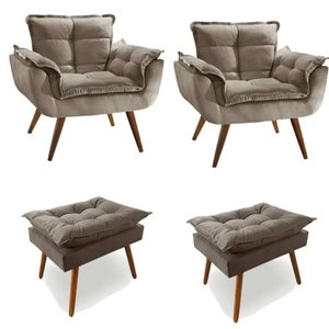 Kit 2 Poltronas com 2 Puff Decorativa Opala Platinum Decor Capuccino