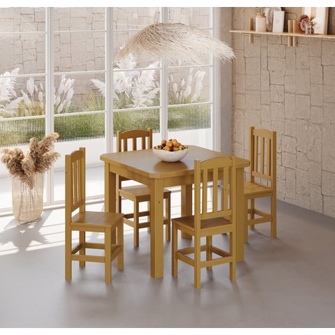 Conjunto Mesa Mel De Madeira Maciça 88x88 + 4 Cadeiras Madeira Para Cozinha Sala De Jantar  Sfa