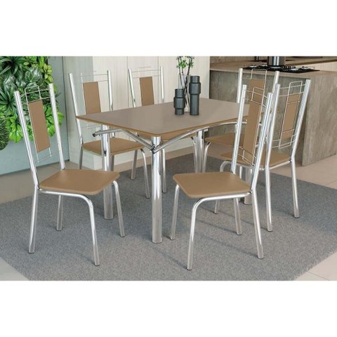 Conjunto: Mesa de Cozinha Elba Tampo Madeirado C/ Vidro 120cm e 6 Cadeiras Florença Cromada/freijo