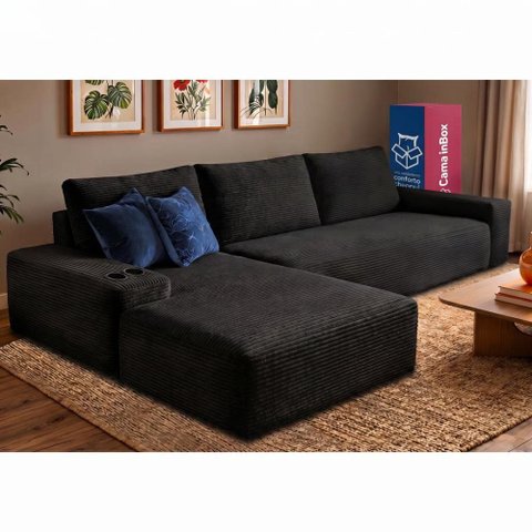 Sofá Evo 2,70m Molas Ensacadas com Chaise Lounge Esquerda Velourê Preto Cama Inbox