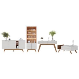 Sala de Jantar Noronha Buffet, Cristaleira, Aparador e Mesa de Centro Off White Matte/Freijó - Colib - 1