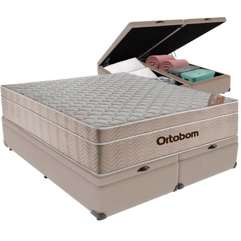 Cama Box Baú Airtech King + Colchão de Molas Ensacadas - Ortobom - Spring - 193x203x67cm (bege)