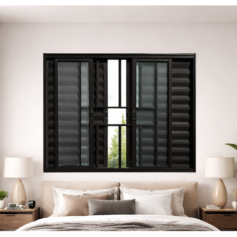 Janela Veneziana 6 Folhas com Grade Alumínio Preto 100x120 Linha Esmeralda