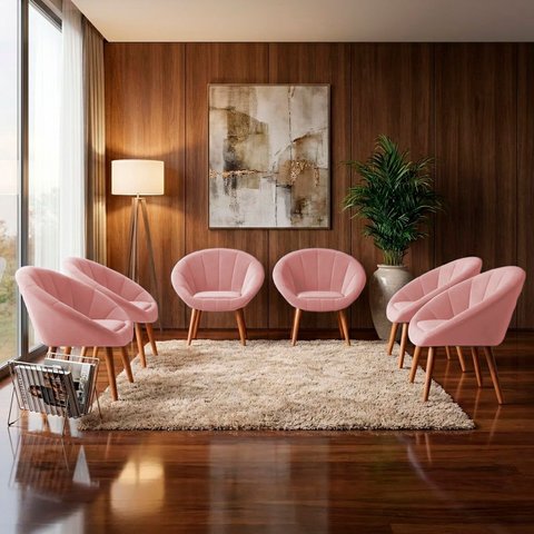 Kit 6 Poltrona Sala Decorativa Sofia Veludo Rosa Pés Palito Castanho - Arkell