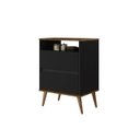Ver imagem 2 de Mesa de Cabeceira LOT Estilo Retrô Com Nicho e 2 Gavetas e Pés Palito Cor Preto/Jequitiba JA