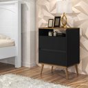 Ver imagem 1 de Mesa de Cabeceira LOT Estilo Retrô Com Nicho e 2 Gavetas e Pés Palito Cor Preto/Jequitiba JA