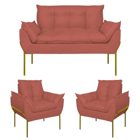 Kit 2 Poltronas + Namoradeira Pé Metal Dourado Recepção Sala Cor:rosa