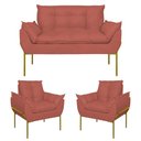 Ver imagem 1 de Kit 2 Poltronas + Namoradeira Pé Metal Dourado Recepção Sala Cor:rosa