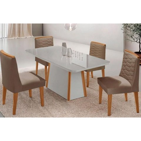 Conjunto Sala de Jantar Tilia C/ Tampo Madeirado C/ Vidro Canto Curvo 120x80cm e 4 Cadeiras Maldivas