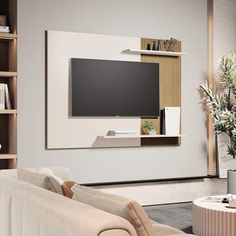 Painel de Parede Mênfis Ripado 1,35m para Tv com Prateleiras Decor Off/ripado