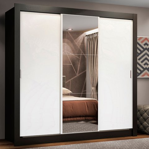 Guarda-Roupa Casal Madesa Lyon Plus 3 Portas de Correr com Espelho 4 Gavetas Preto/Branco Cor:Preto/