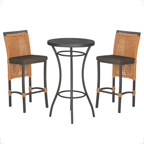 Mesa Bistrô e 2 Banquetas Roma Preta Corda Náutica Estofado 9 Trama Original